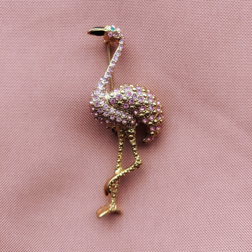 Vintage Jeweled Gold and Pink Flamingo Brooch